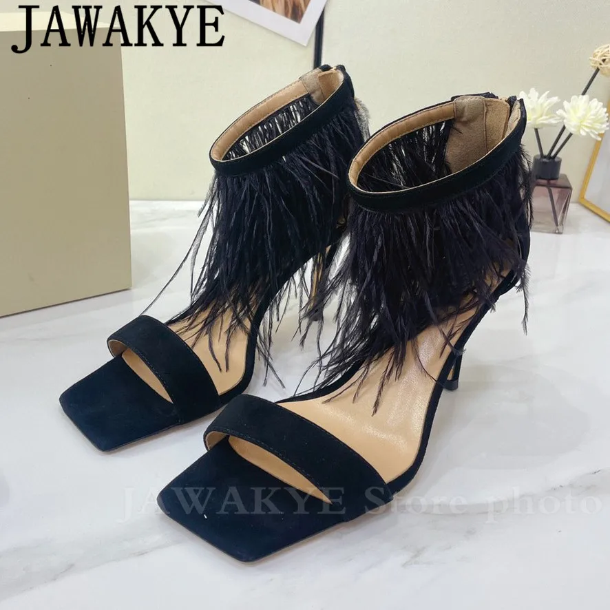 

Feather Party Shoes High Heel Summer Sandals Designer Brand Shoes Women Puffy Prom Shoes Summer Runway High Heels