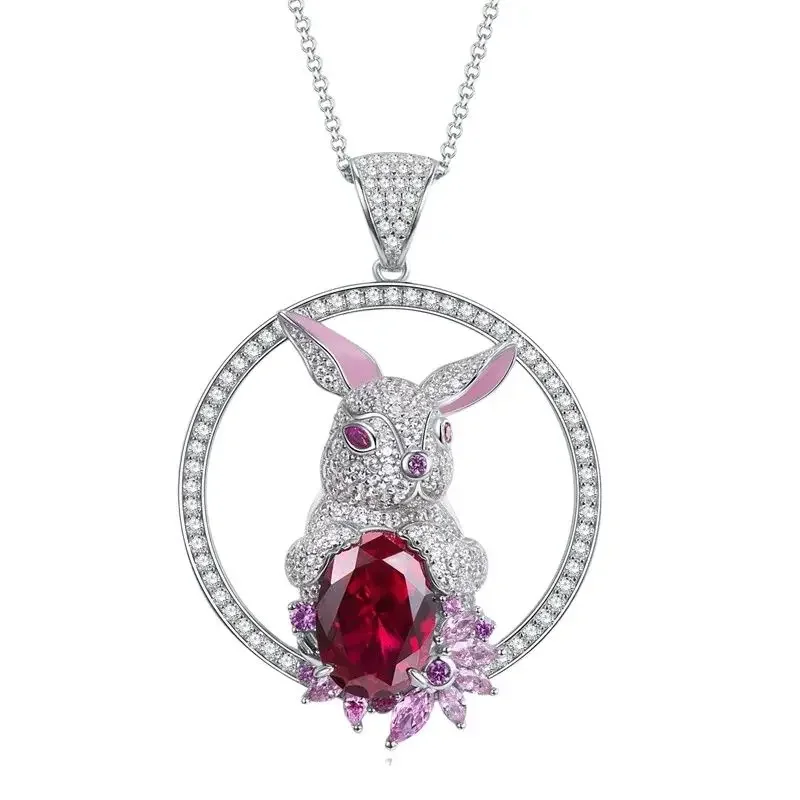 

Spring Qiaoer 925 Sterling Silver 10*14MM Oval Ruby Gemstone Rabbit Pendant Necklaces for Women Valentine's Day Jewelry Gift