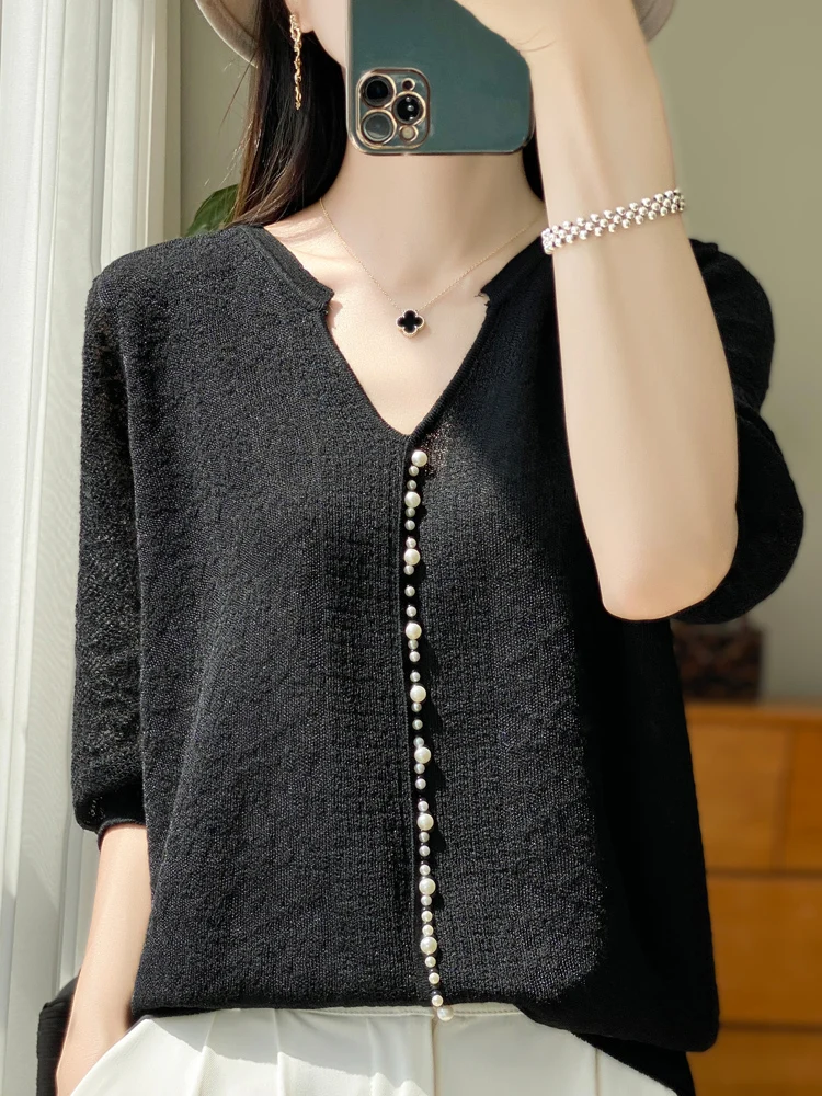 

Женский трикотажный свитер с имитацией шерсти и коротким рукавом, Модный летний свитер с V-образным вырезом и бусинами, весна-лето
