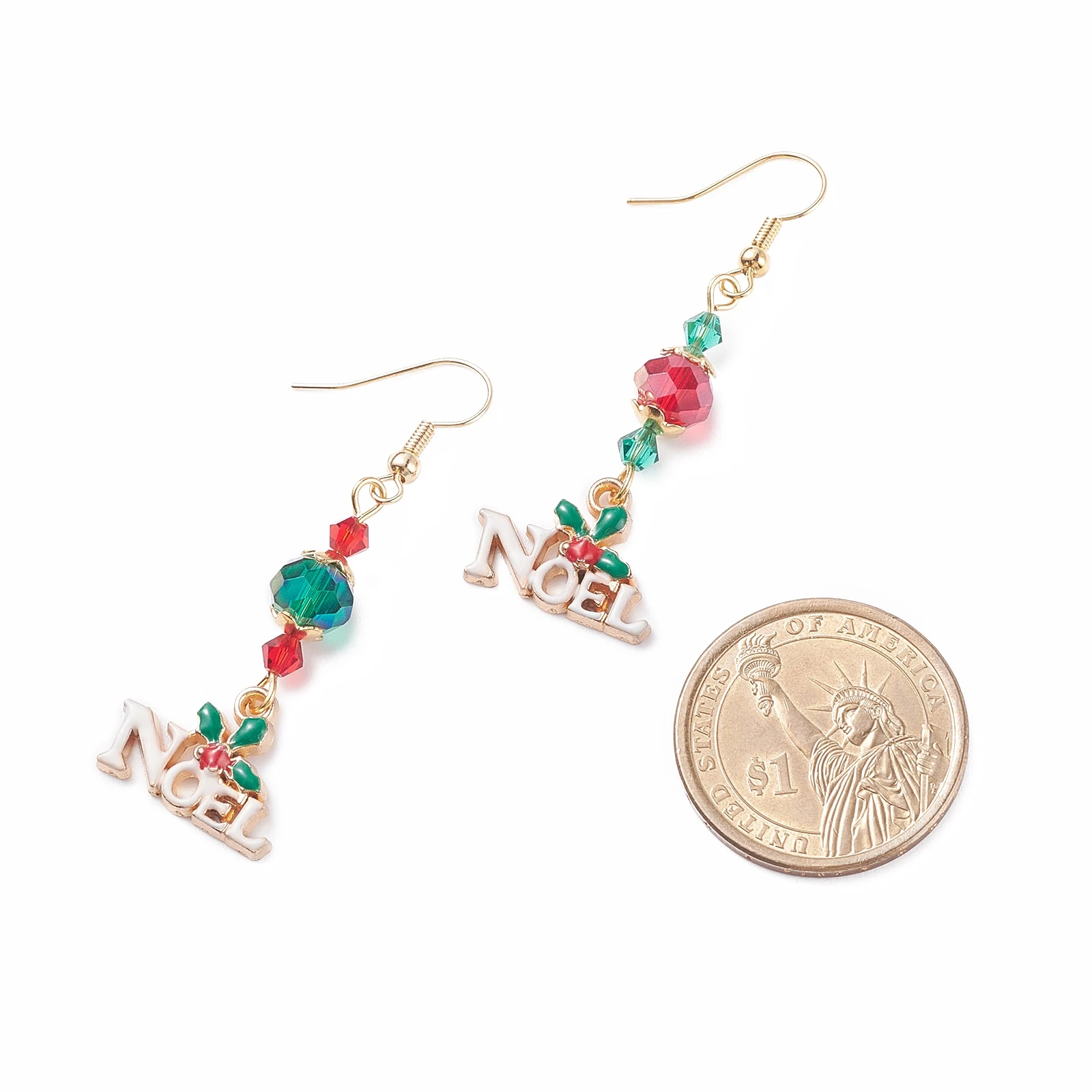 Kissitty 25Pairs Colorful Word Noel Alloy Charm Glass Long Dangle Earrings Stainless Steel Wire Wrap Christmas Earring for Women