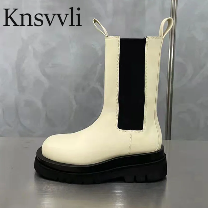 

Genuine Leather Chelsea Boots Woman Thick Sole Mid Calf Boots Flat Platform Shoes Woman Round Toe Casual Motorcycle Boots Women