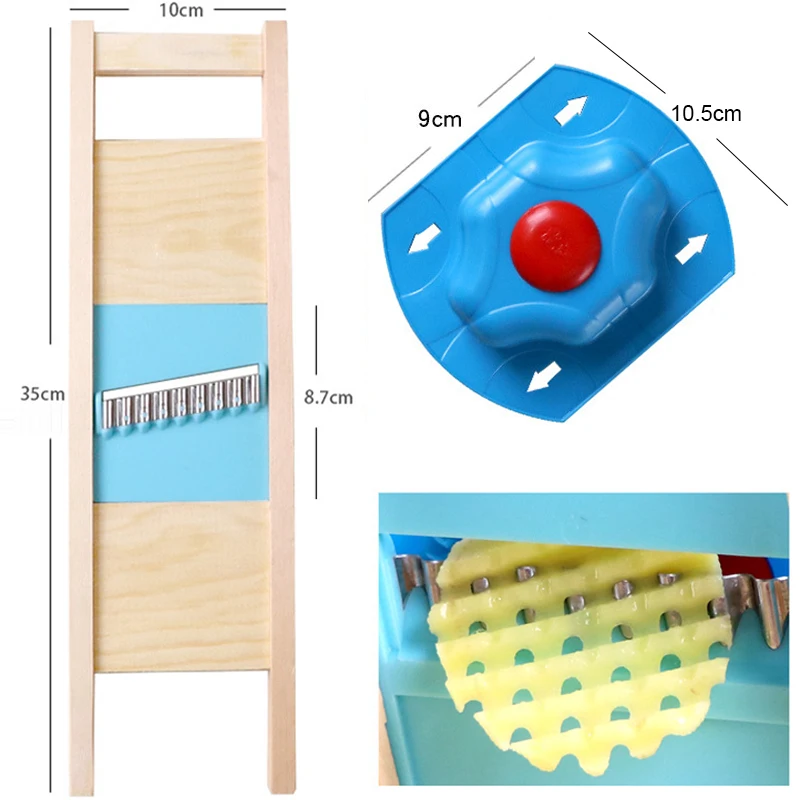 Fából készült zöldségvágó rozsdamentes acél penge kézi aprító burgonyarács szeletelő hullámos hálószeletelő konyhai kütyü készletek