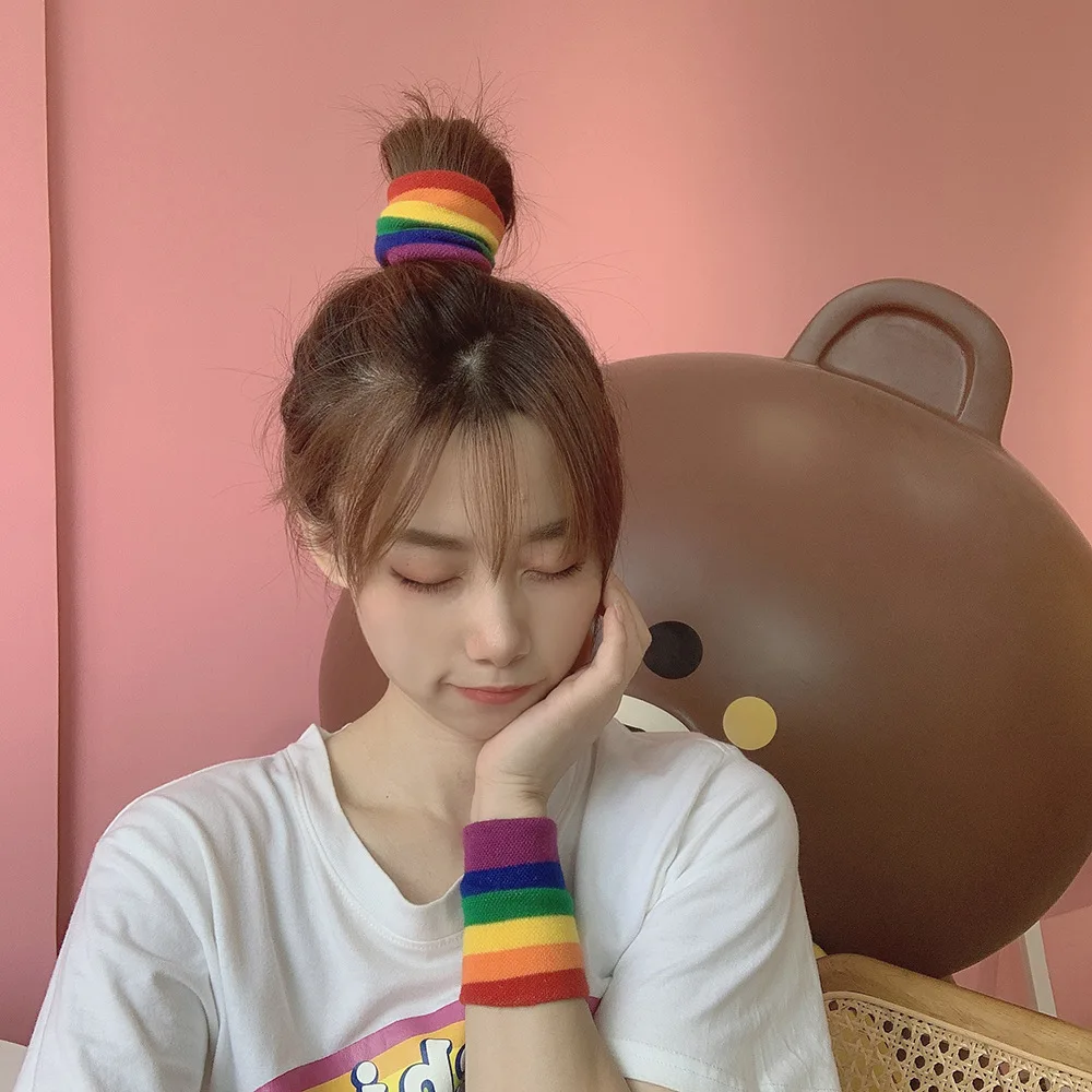 여성용 배드민턴 통기성 면 손목 밴드, 따뜻한 브레이스, 레인보우 컬러 핸드 랩