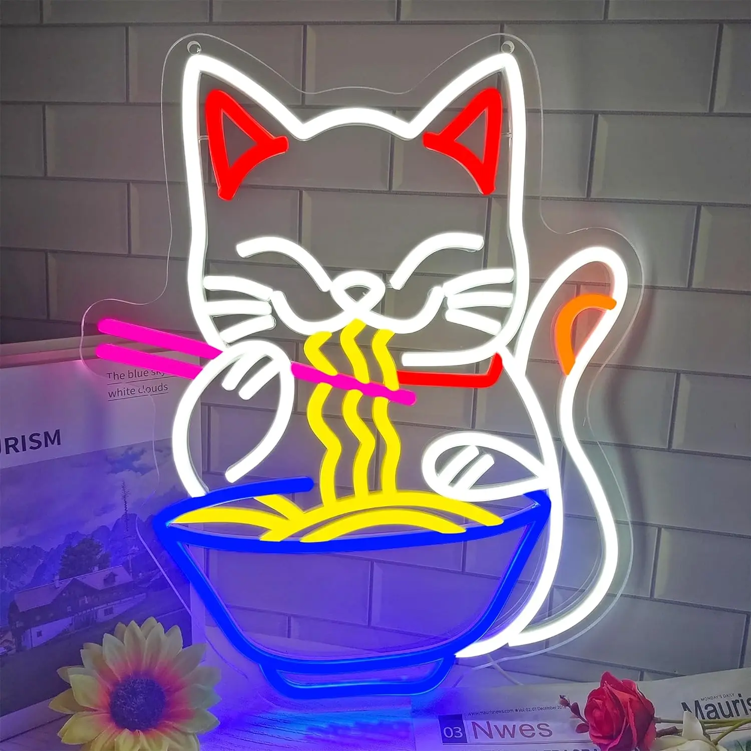 

Неоновая вывеска Fortune Cat, рамен с регулируемой яркостью, японская лапша, светодиодные неоновые вывески для украшения стен, неоновые вывески