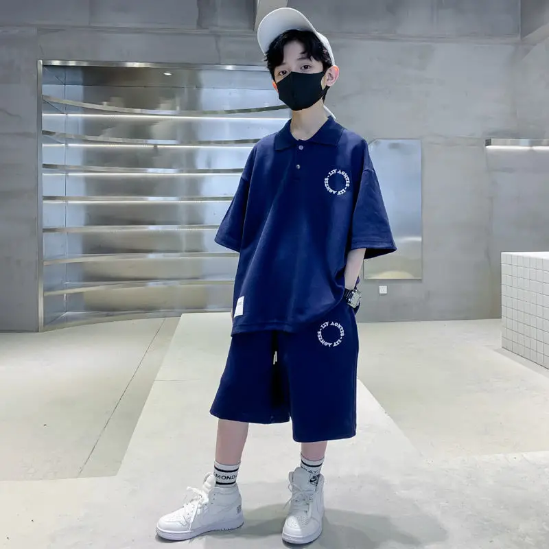 

2023 Summer Boys Cotton Polo Collar t-Shirt Tops+Short Pant Sets School Kids Tracksuit Children 2PCS Outfit Tees Suit 4-16 Years