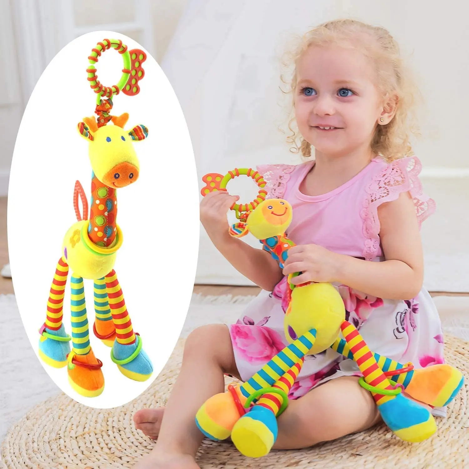 

Giraffe Baby Hanging Toys for Car Seat, Stroller Infant Sensory Rattles Toy with Crinkle Teether Development Toy