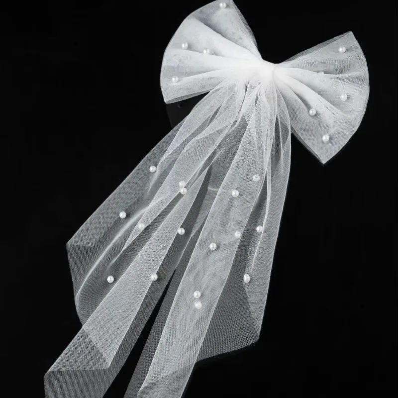 Women Long Ribbon Mesh Bow Hair Clips Elegant Pearls Hairpin for Bride White Mesh Hairpins Wedding Party Bride Hair Accessories hair accessories,bridal hair accessories