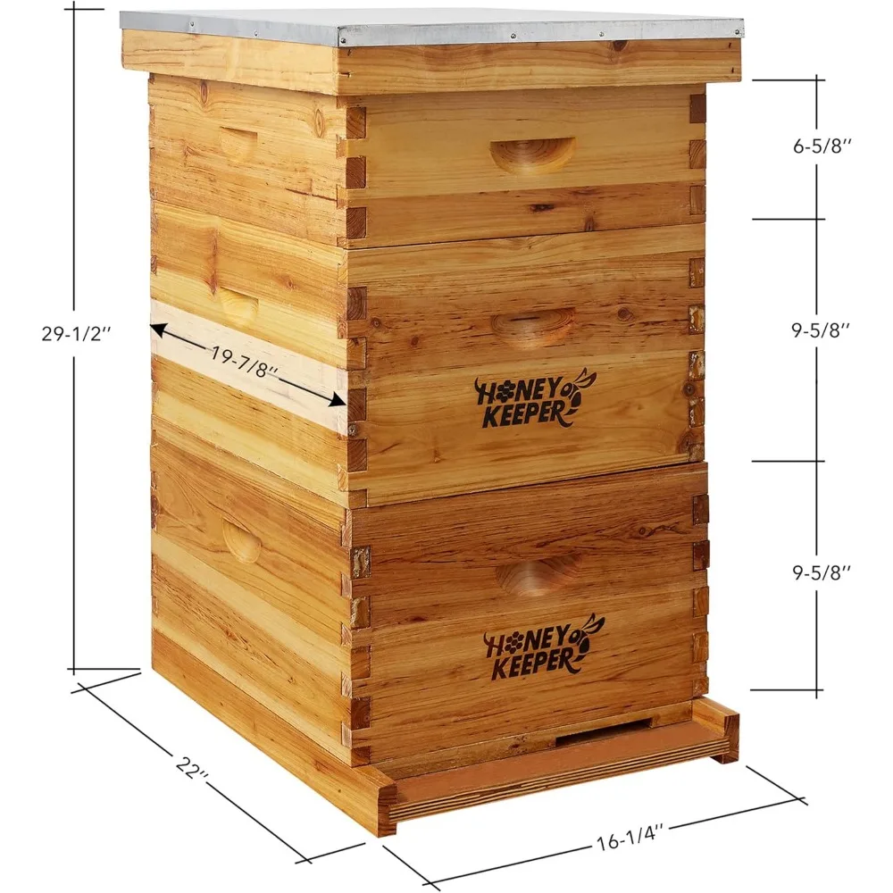 Honey Keeper Beehive 10 Frame Complete Box Kit Coated in Beeswax (Waxed Boxes, 2 Deep and 1 Medium) with Wooden Frames and