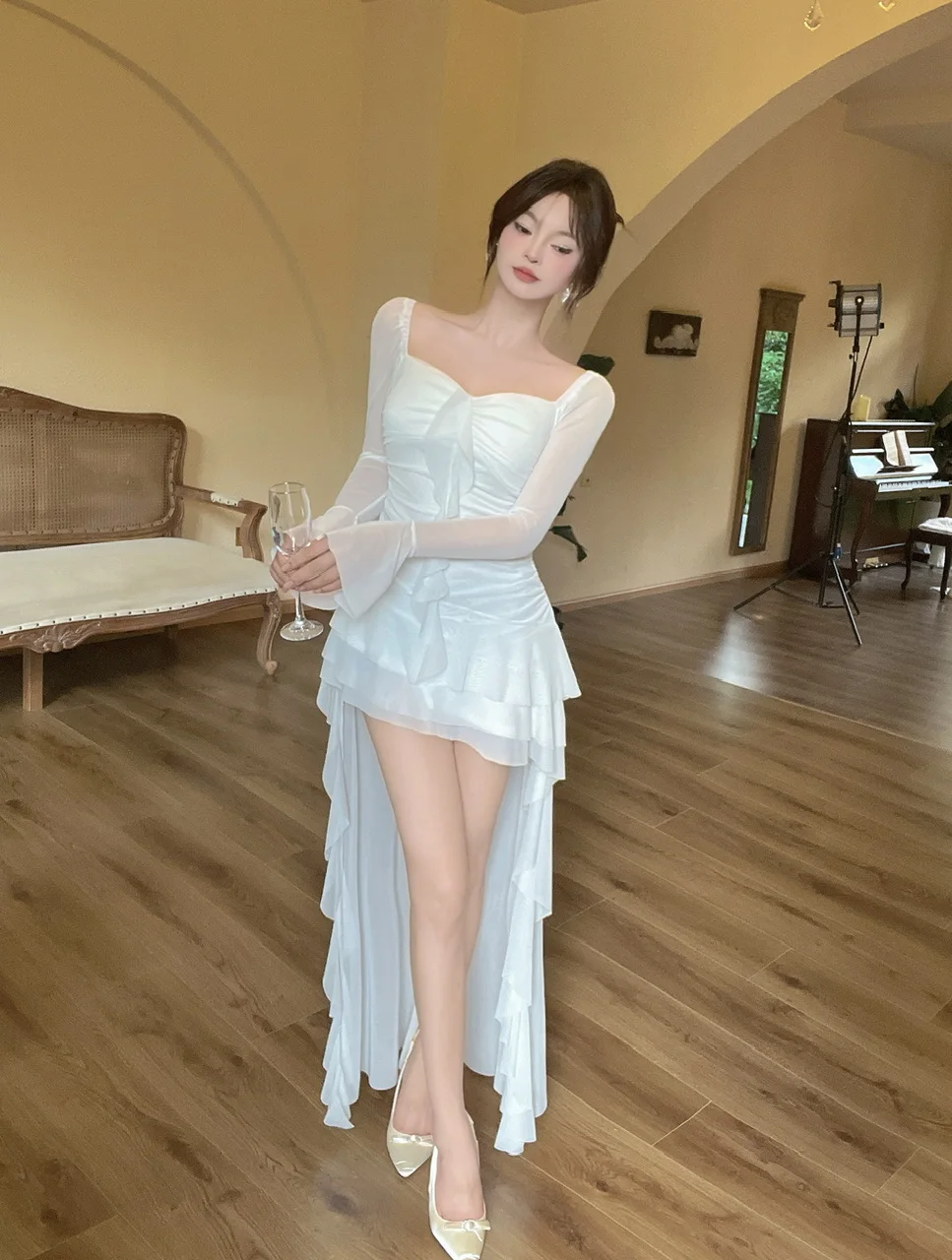 Vestido de fiesta de noche irregular Y2K de malla de manga larga con cuello cuadrado y volantes, corte en A, sexy, moda coreana