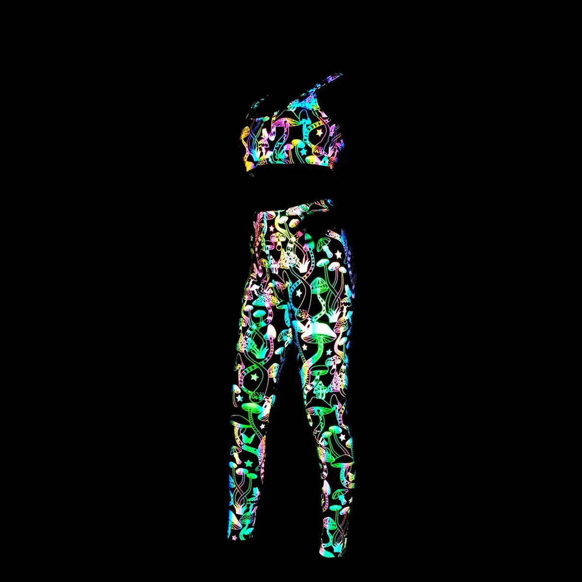 

Cartoon Mushroom Colorful Reflective Two Piece Set Women Sexy Bra+Leggings Night Jogging Harajuku Tracksuit Reflect Light