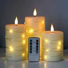  Flameless Candles Battery Operated with Remote and Timer, 3D Wick LED Flickering Wax Pillar Candles with Embedded String Light 