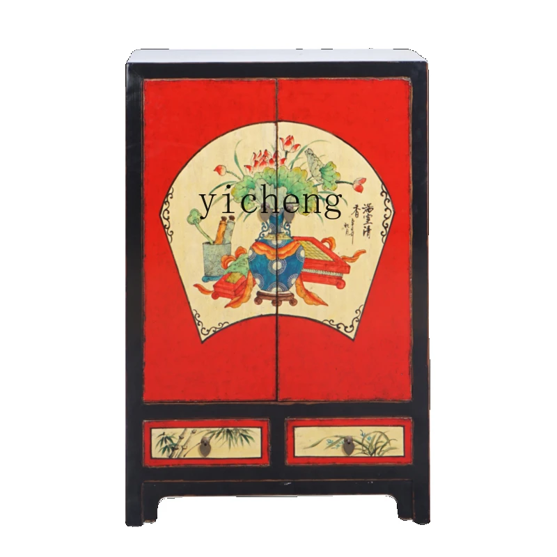 

Yy New Chinese Hand-Painted Hallway Solid Wood Elm Sideboard Cabinet Painted Locker