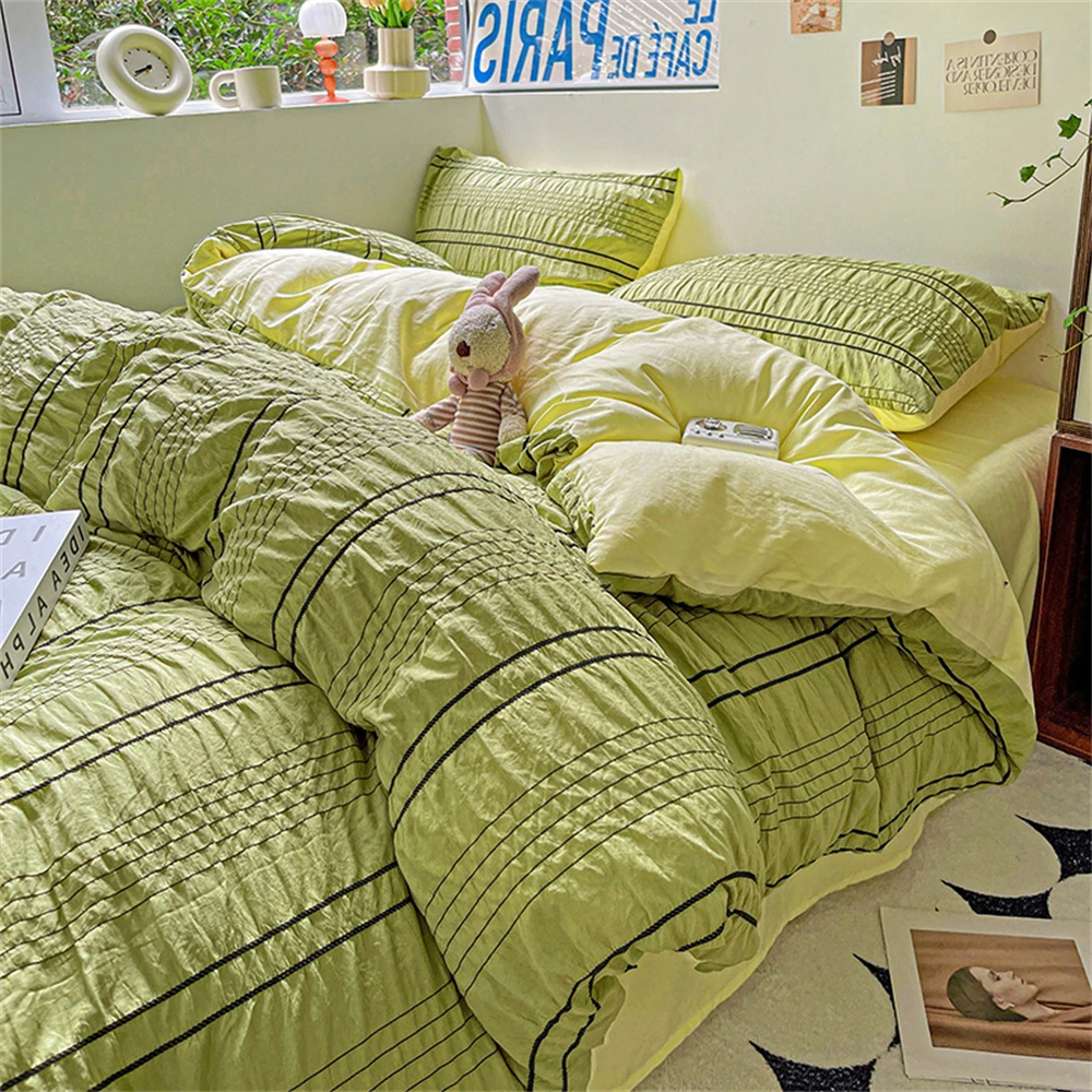 시어서커 침구 세트, 공주 스타일 스트라이프 4 종 세트, 소녀 침실 장식, 이불 커버, 베갯잇 침대보 침대 커버 세트 