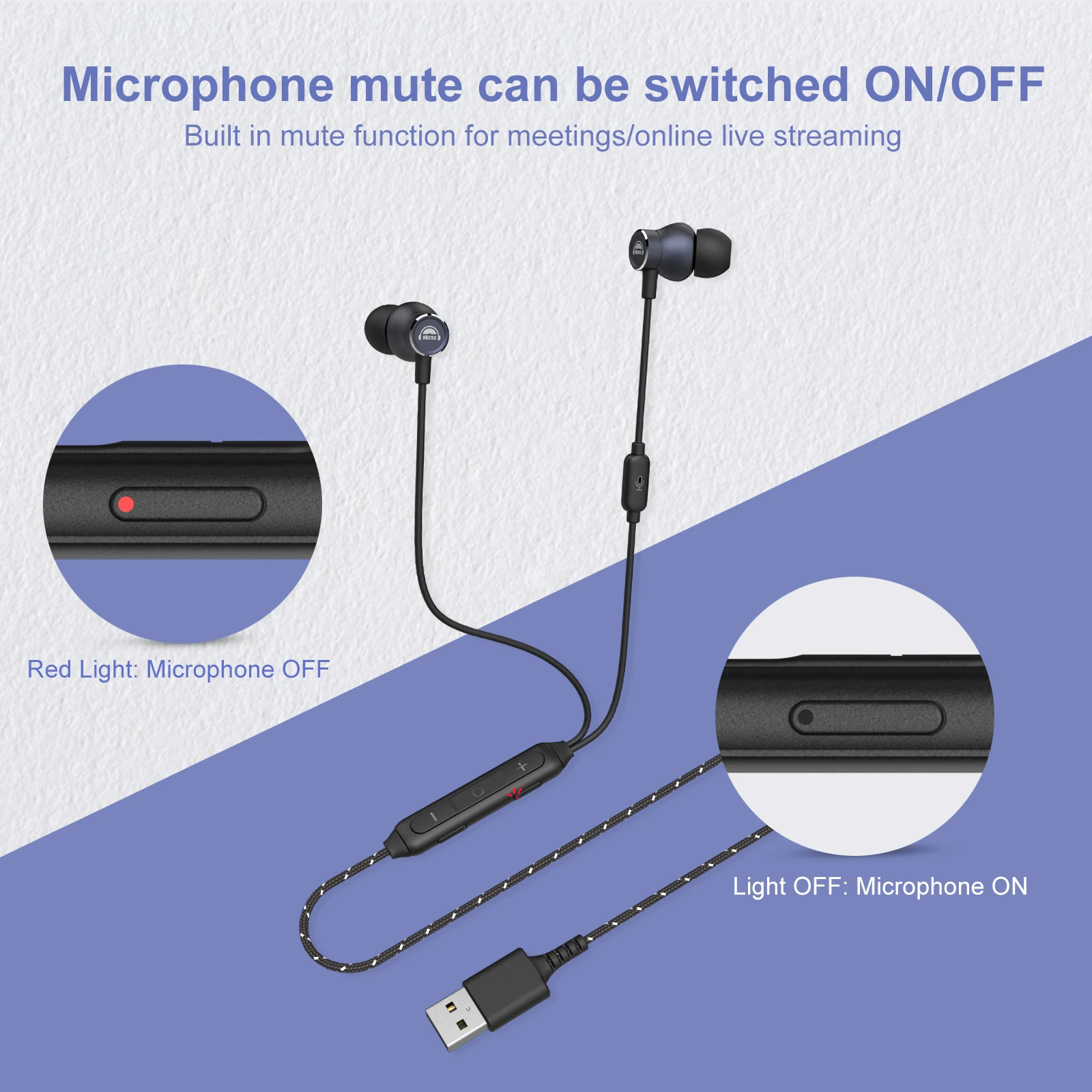 OKCSC GB50 USB Headphone for PC Laptop Wired Earbuds with Microphone Ligtweight Headset for Business Office Meeting