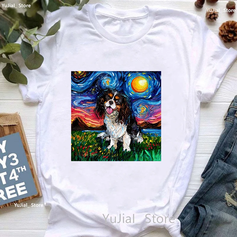 

Vintage T Shirt Girls Starry Sky Chihuahua/ Bulldog/Aussie/Yorkshire Terrier/Cat/Rabbit Print T Shirt Women Aesthetic Clothes