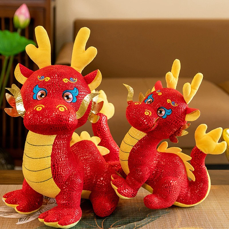 

25cm Cartoon Zodiac Dragon Year Mascot Red Chinese Dragon Plush Toys Soft Stuffed Animal Dinosaur Doll 2024 New Years Decor