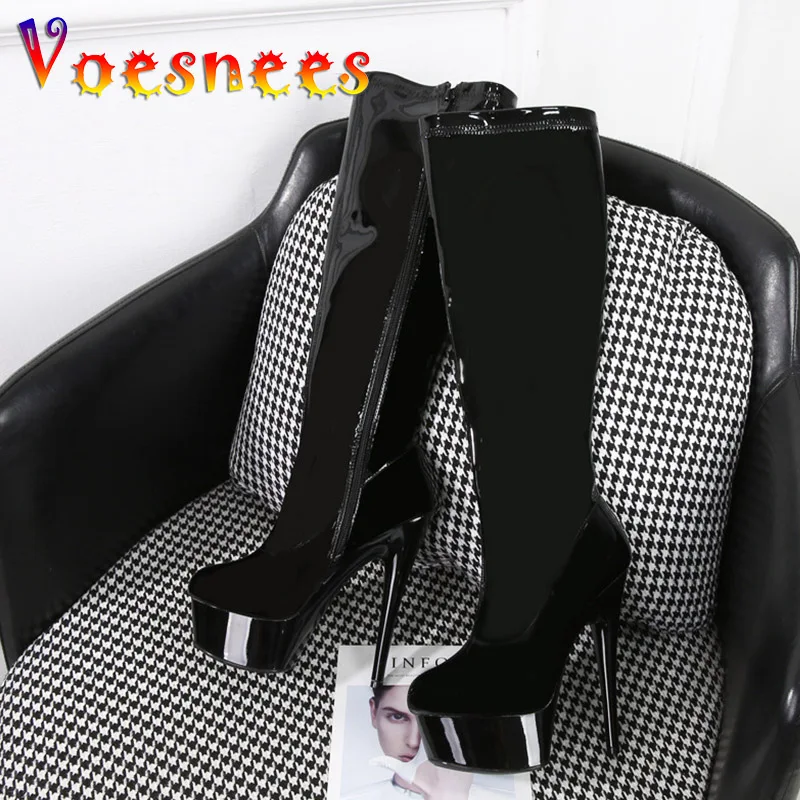 

15CM Stripper Heels Patent Leather Zipper Boots Thick Platform 6 Inches Knee-High Women Boots Black Nightclub Pole Dancing Shoes