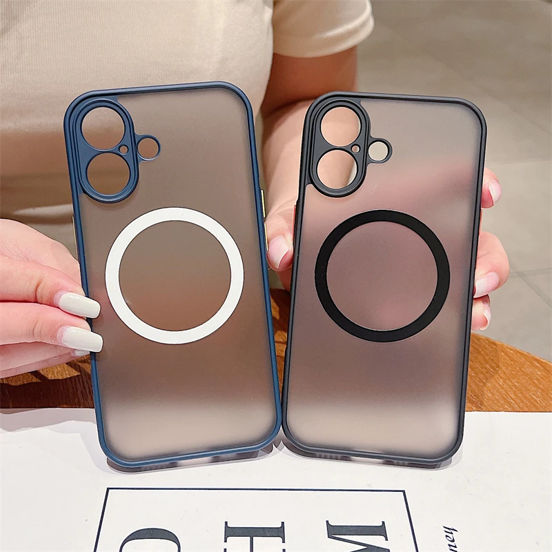 Custodia magnetica opaca di lusso Magsafe per iPhone 11 12 13 14 15 16 Pro Max X XS XR 7 8 Plus con ricarica wireless, trasparente, rigida per PC_voghion.com