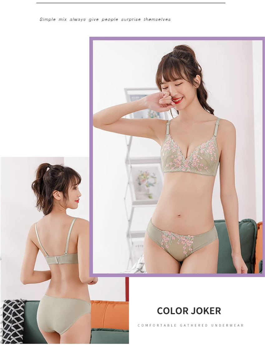 lace bra set New Embroidered Bra And Panty Set Floral Lace Cute Women Underwear Sexy Female Thin AB Cup Push Up Lingerie Suit Sweet Girls lace bra set