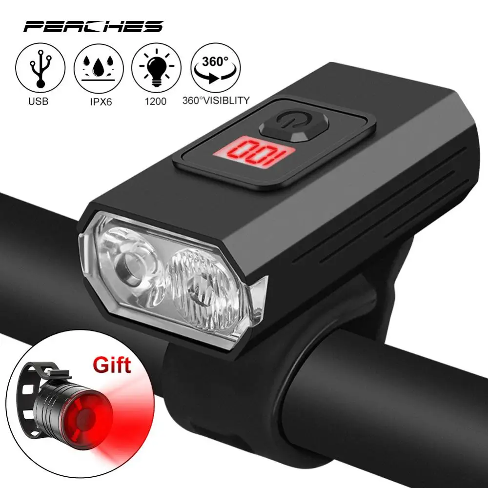 

Светильник USB Перезаряжаемый цифровой дисплей с аккумулятором 1200 лм, водонепроницаемый, 6 режимов, MTB, дорожный велосипед, фара, ночники