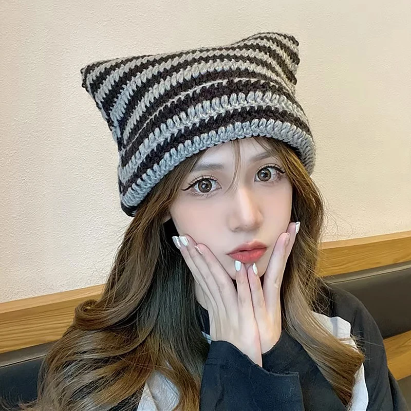 Beanie Hat Ins Devil Striped Knitted Wool Cap Autumn and Winter Crochet Cute Cat Ears Pointed Pullover Women\'s Hats