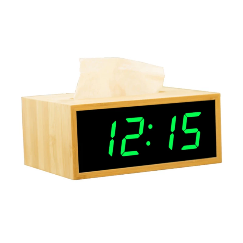 

Rectangle Paper Facial Tissue Box Cover Holder Wooden Tissue Box Holder with Alarm Clock and Mirror Display For Office Car Room