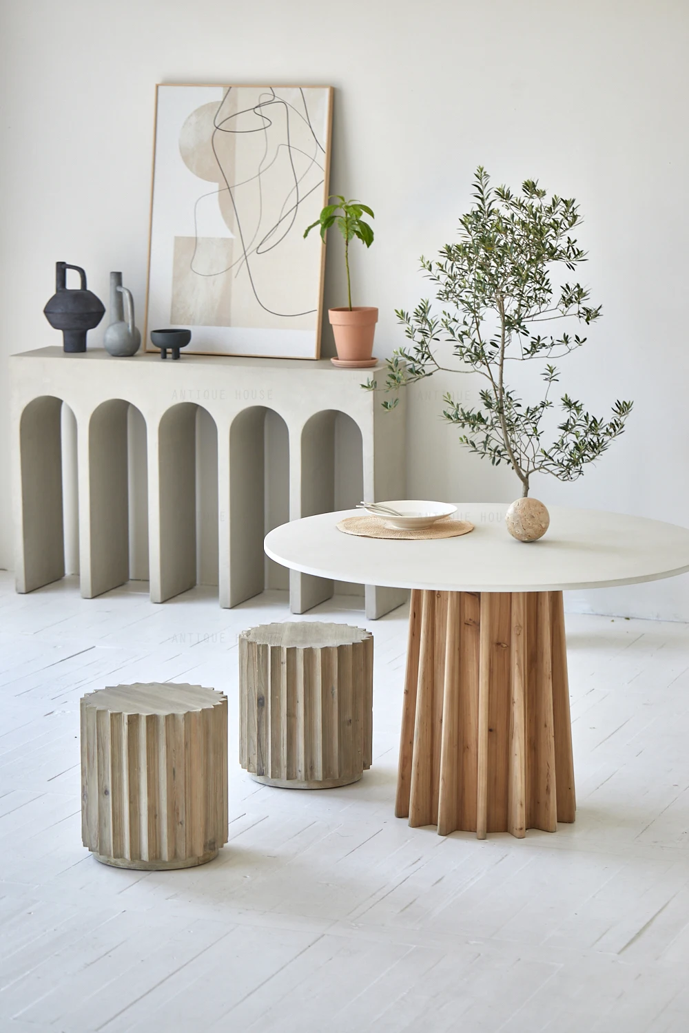 Japandi Farmhouse Natural Dinning Room Table Set Round Slate Tables Concrete Wood Solid Nordic Dining Table Set 6 Seater Nordic