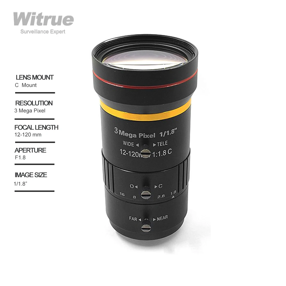 

Witrue Vifocal Lens 3 Megapixel 12-120mm Manual Iris 1/1.8" C mount lens for ip Cameras Low Ddistortion