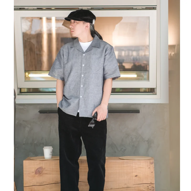 

Simons Linen Cuba Collar Short Sleeve Shirt American Vintage Summer Loose Shirt Amekaji Four-color Shirt