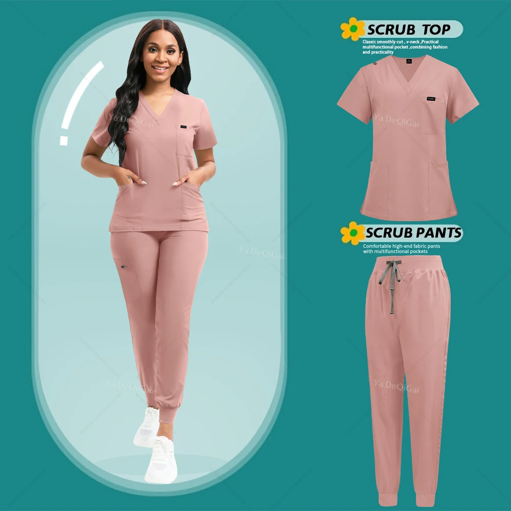 

Stretch Women Nursing Uniforms Clinical Set Nurse Doctor Dustproof Workwear Medical Scrubs Top+ Jogger Pants