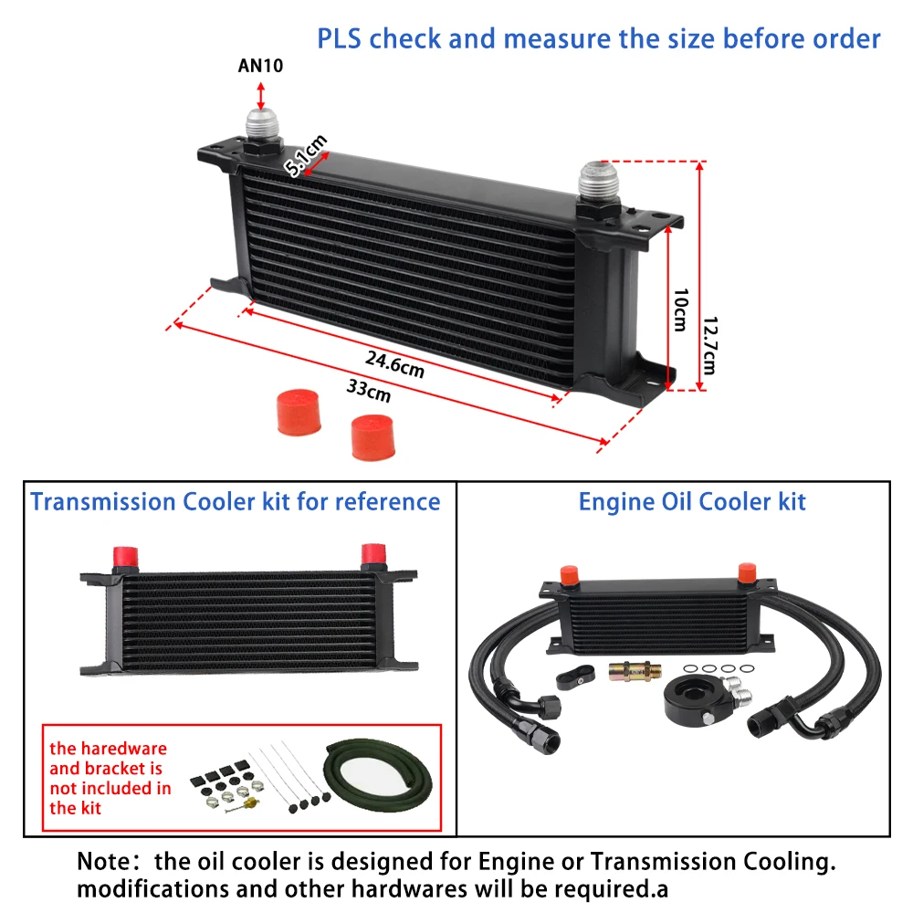 13 Rows Oil Cooler Kit 10AN Transmission Engine Cooler Oil Filter Sandwich Adapter Nylon Braided Hose Line Kit
