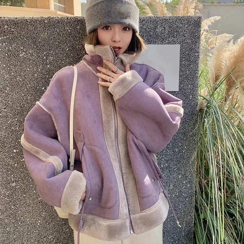 

Lamb Fur Fur One Jacket Women's Short Overcoat Winter New Thick Warm Parker Coat Loose Stitching Motorcycle Clothing Cotton Coat