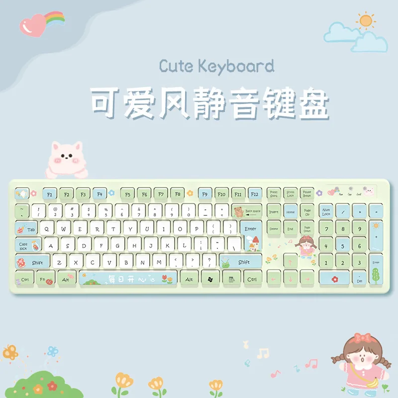 

Wireless Keyboard Happy Girl Cute Cartoon Color Keycap Computer Office Notebook Mute Wired Keyboard Desktop Control for Pc