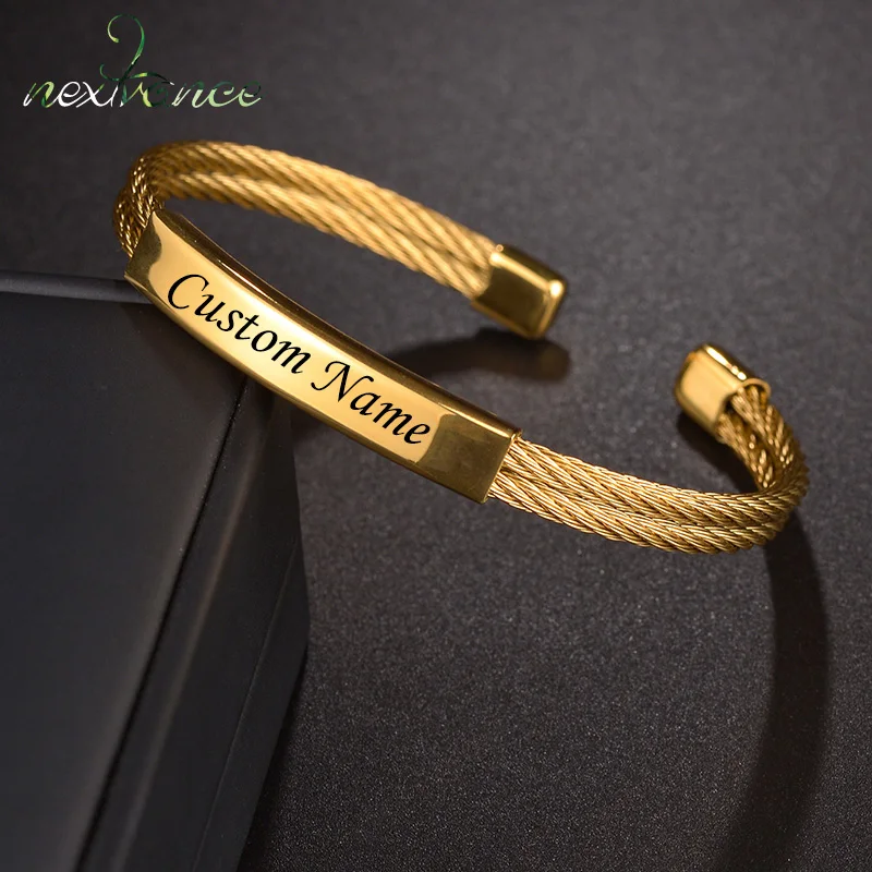 

Nextvance Gold Color Cuff Bangle Engraved Name ID Date Stainless Steel Adjustable Open Bracelets For Women Men Jewelry Gifts