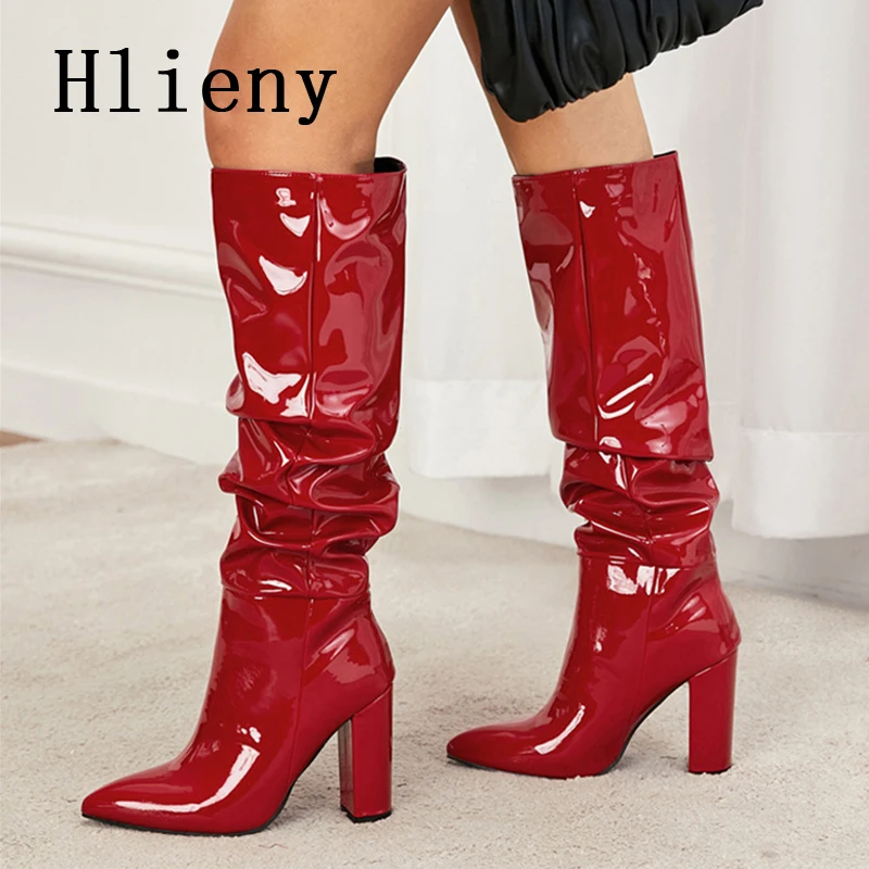 

Hlieny новые женские сапоги выше колена в стиле панк на высоком квадратном каблуке женская зимняя обувь плиссированные дизайнерские женские длинные сапоги с острым носком