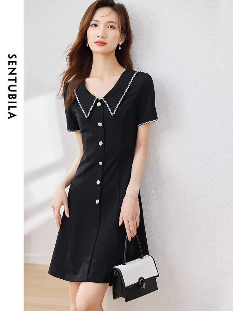 

SENTUBILA Elegant Slim Black Dress Women 2024 Spring Summer Fashion Contrast Short Sleeve Mini Vacation Dress Woman 132L48720