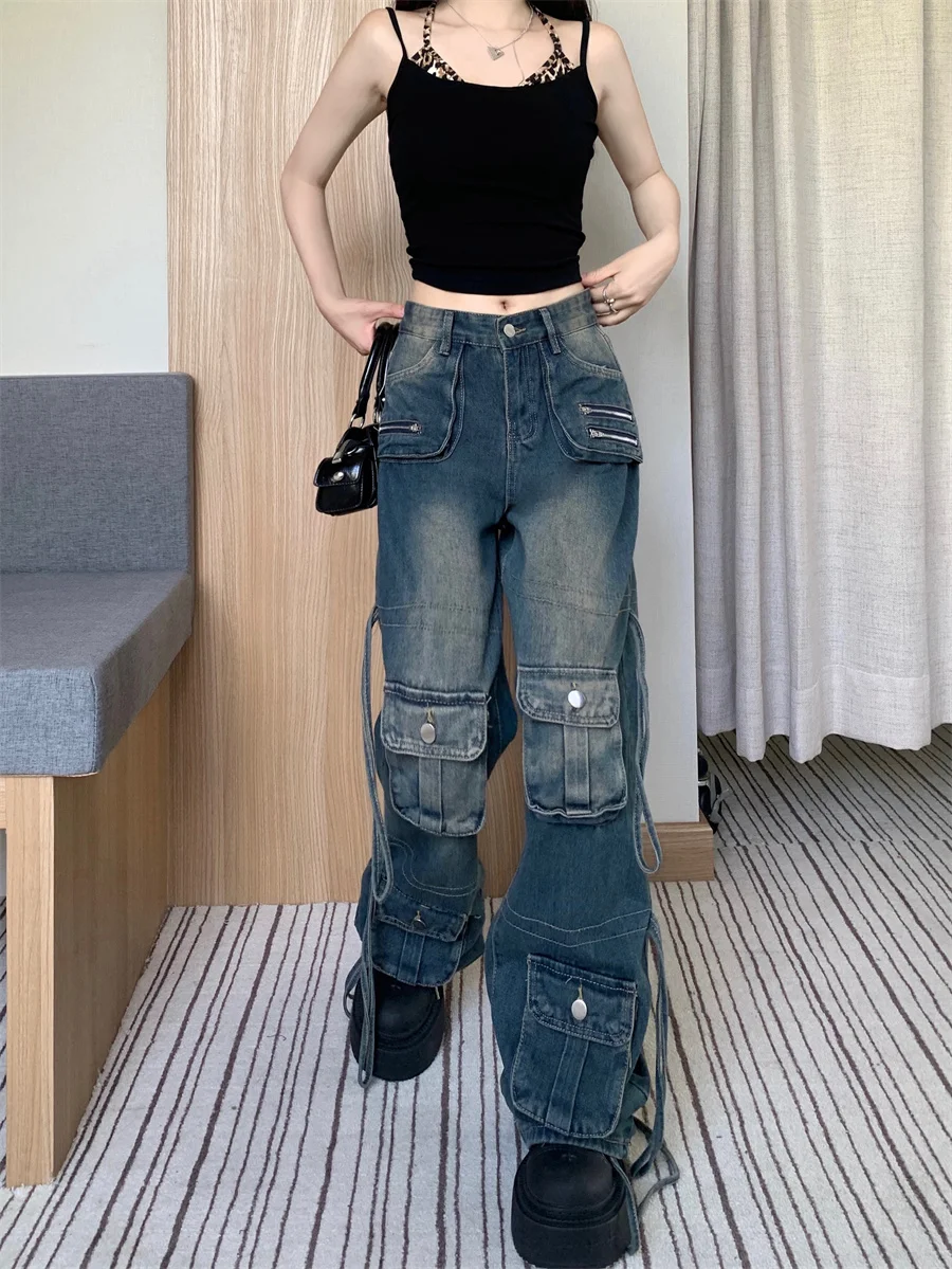 

Slergiri American retro do old cargo jeans women's high street harajuku y2k multi-pocket high waist casual straight-leg pants