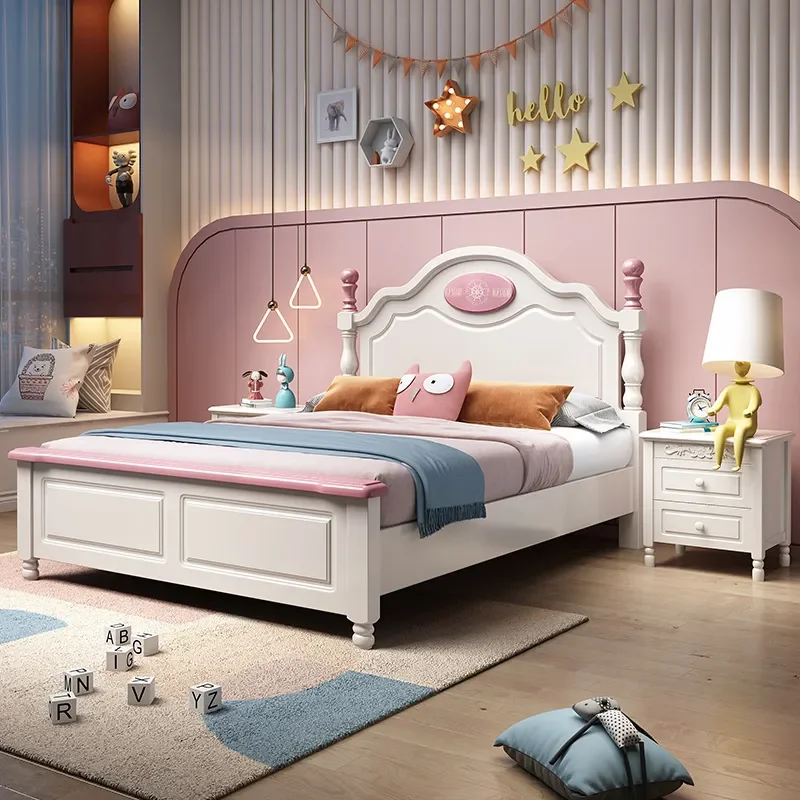 Letto singolo per bambini da 1,5 m in legno massello, stile americano moderno e semplice, per cameretta, letto da principessa per bambina da 1,2 m - immagine 2