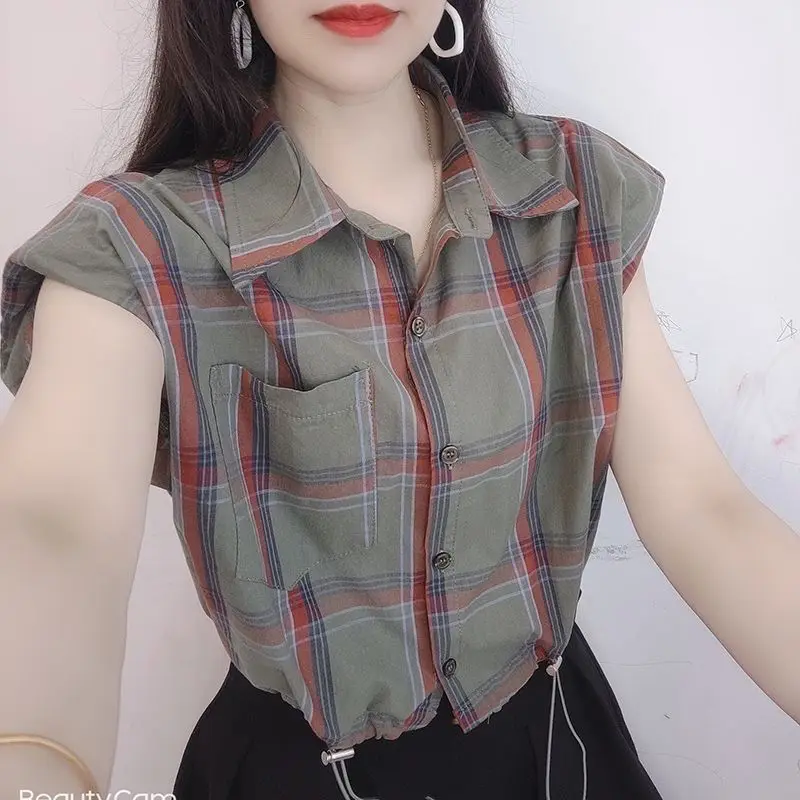 

Minimalist Commuter Summer New Women's Polo-Neck Plaid Button Spliced Pockets Drawstring Fashion Loose Sleeveless Shirt Blouse