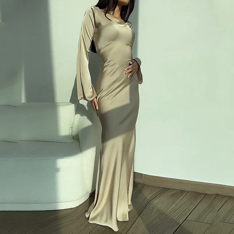 

Spring Women Long Dress Autumn Fashion Simple Round Neck Satin Flare Sleeve Lace Up Slim Evening Party Dresses Streetwear Korean