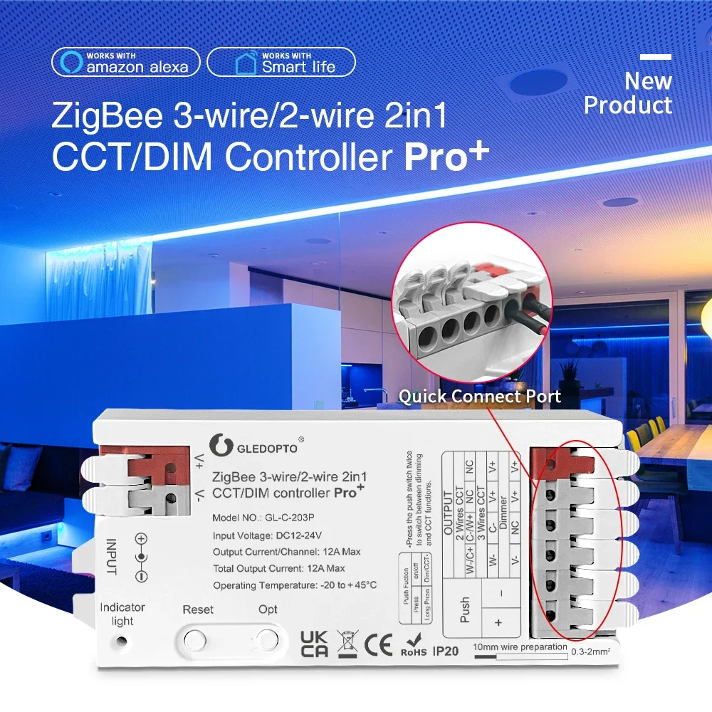 

GLEDOPTO ZigBee 3.0 Pro+ WWCW 2 in 1 CCT Dimmer LED Strip Light Controller 12A Max H/ue Alexa Homey Tuya Smart Life APP Control