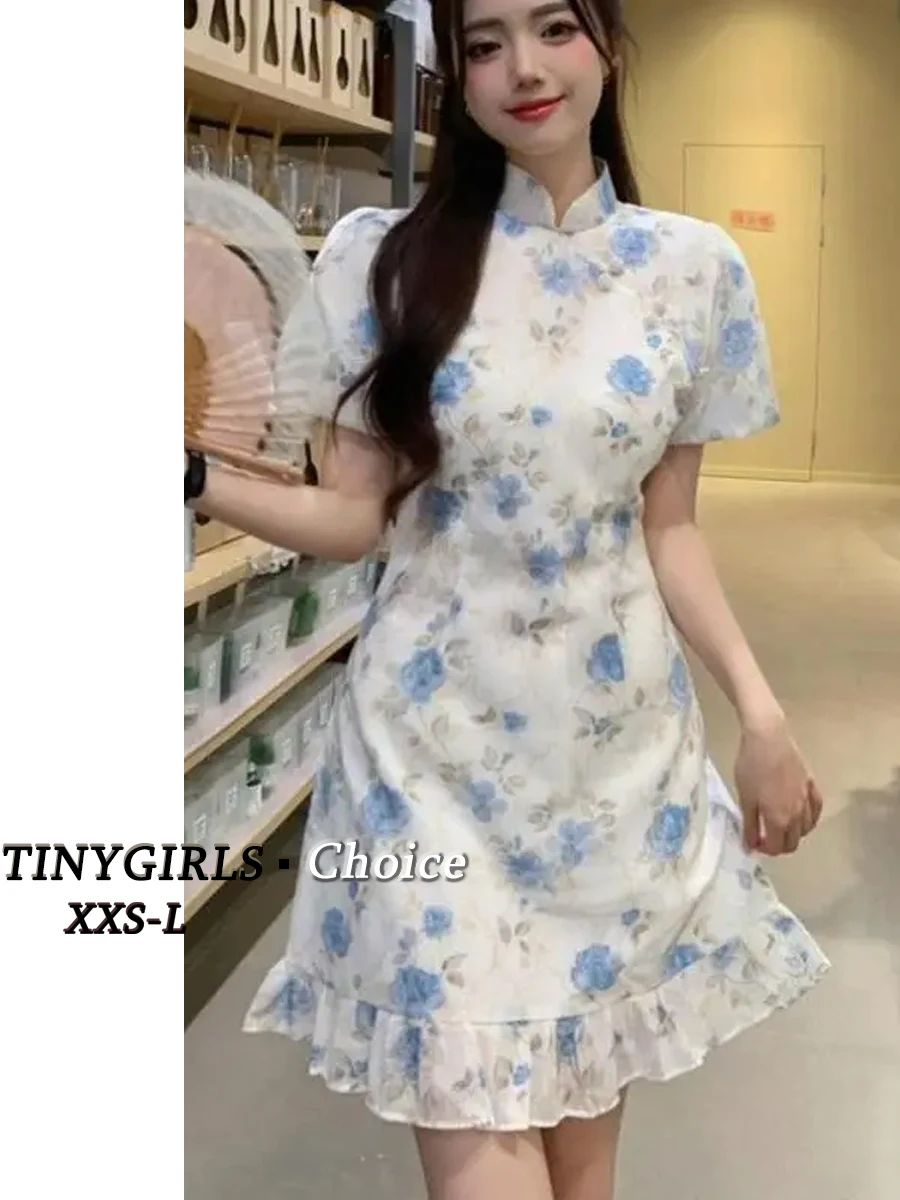 

XS Appear High 150cm Petite girls National Style New Chinese-style Modified Cheongsam Dress Women Waist a-line Lotus Leaf Skirt