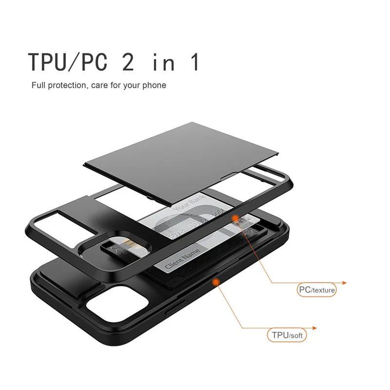 슬라이드 지갑 신용 카드 슬롯 PC 전화 케이스 iPhone 13 12 Mini 11 14 15 Pro Max XS XR 7 8 Plus SE TPU Armor 충격 방지 커버