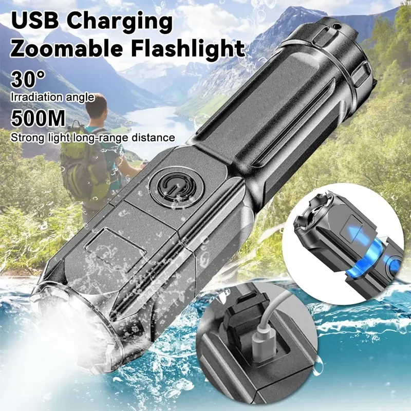 Handheld Flashlight Portable LED Flashlight ABS Strong Light Focusing USB Rechargeable Outdoor Home Searchlight Waterproof