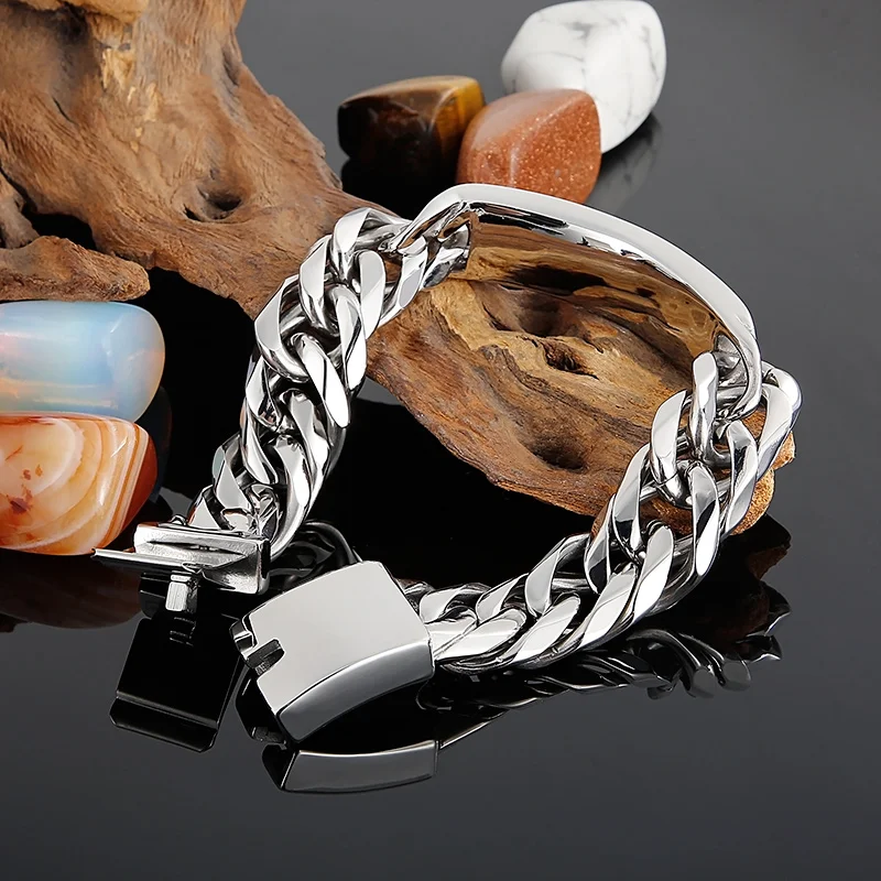 Fongten Quadrat Edelstahl Charm Armband für Männer Hip Hop kubanische Kette gebürstet Armreif Armbänder Schmuck Großhandel Weihnachten – Detail 8