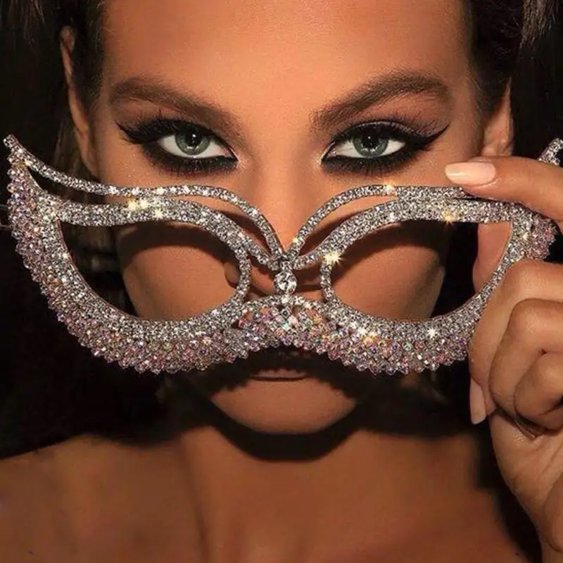 1Pc Crystal Cat Eye Mask Masquerade Party Ladies Exquisite Rhinestone Decorative Shiny Half Face Mask