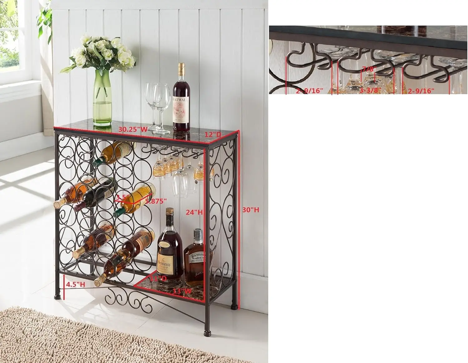 Freestanding Wine Rack Table, Liquor Bar Cabinet with Wine Storage - Holds 24 Bottles and Glasses Holder
