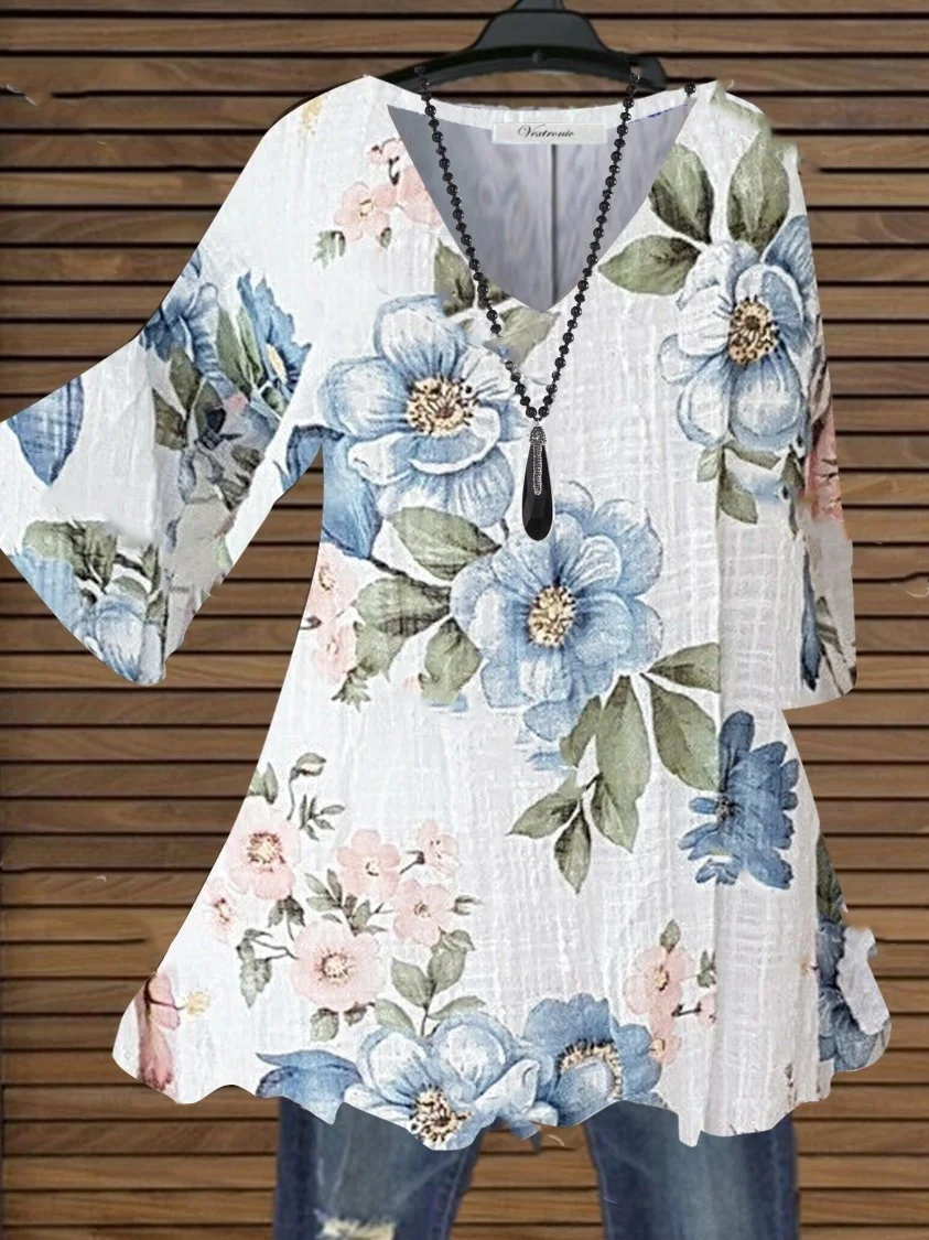 Women's Tops Causal Loose Floral Printed T Shirts Summer V-neck Tops