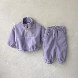 MILANCEL Autumn Baby Fleece Sports Suit - 2 - Piece Solid Color Hoodie Set - 24M (8280 purple)