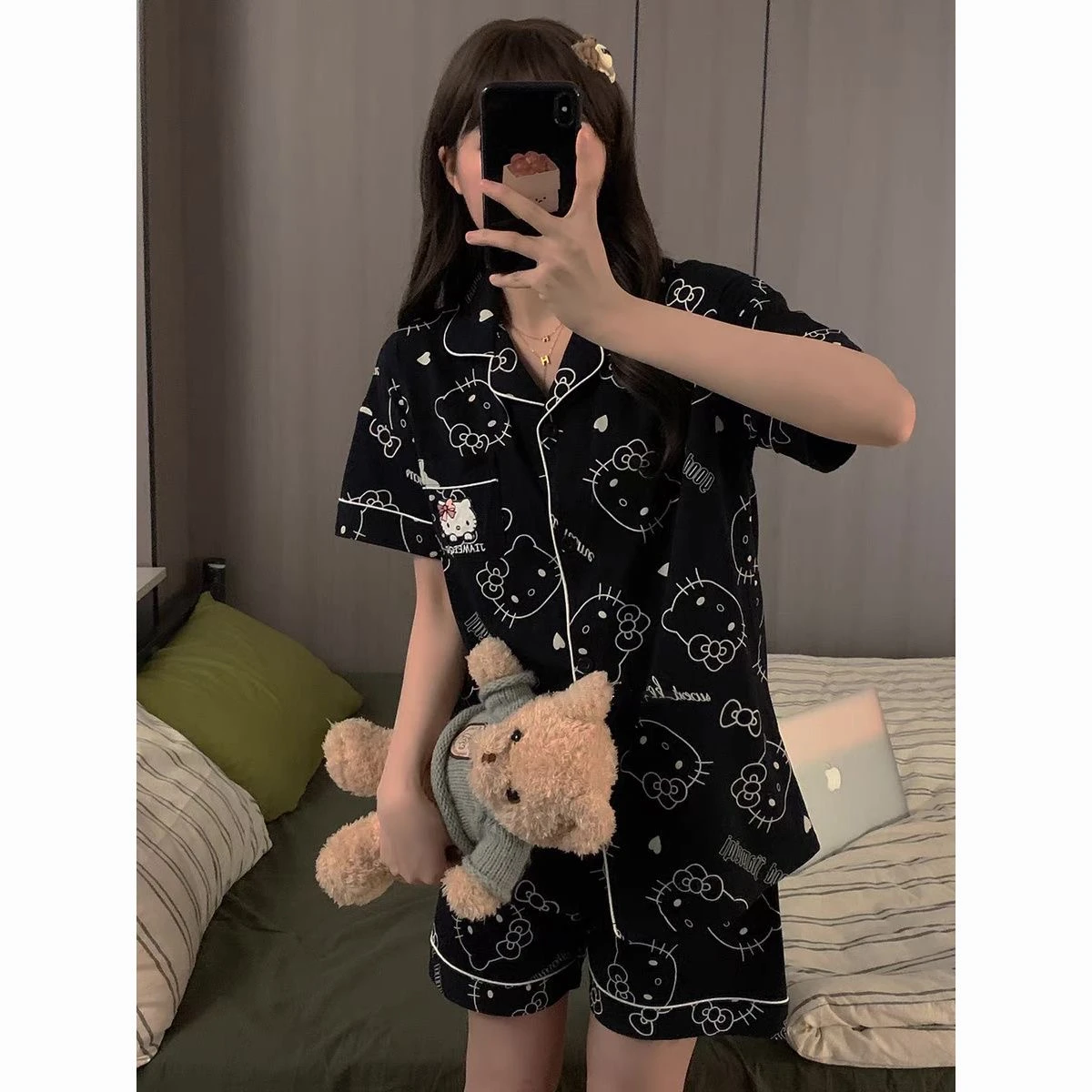 Short Sleeve Lounge Wear Pajamas Women Sleepwear Pyjamas Sleepwear Cotton With Pockets Sleep Nightwear Women's Heart Sets